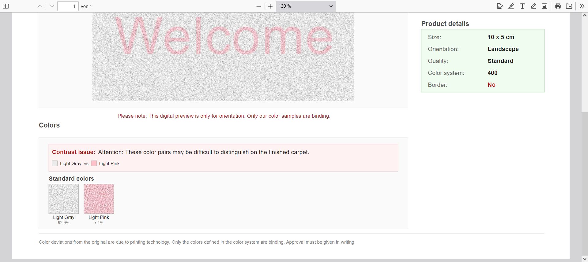 Screenshot der Kontrastwarnungen